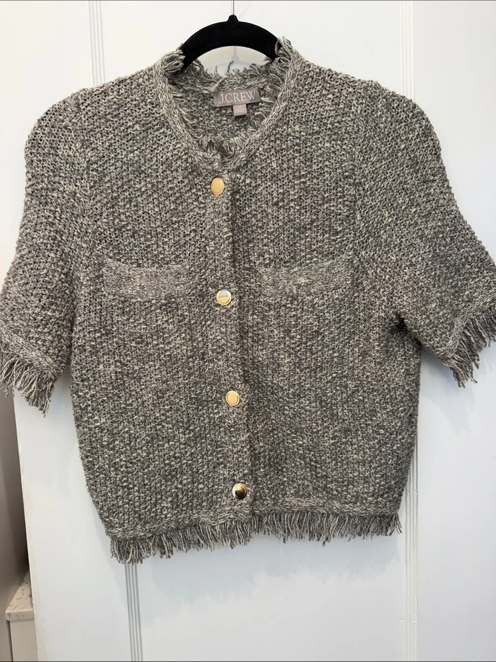 J. Crew Bouclé Short Sleeve Cardigan with Gold Buttons in Gray Fall 2024